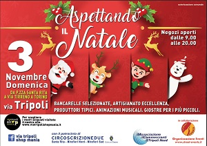 Immagine su sfondo rosso in cui viene riportato che Domenica 3 novembre avr� luogo la festa di via " Aspettando il Natale" in Via Tripoli, nel tratto compreso tra Piazza Santa Rita e Via Tirreno.