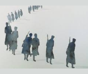 Immagine in bianco e nero rappresentante soldati in marcia, tratta dalla copertina del libro omonimo