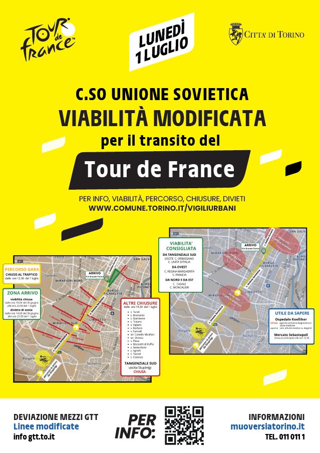 Le modifiche della viabilit� nella Circoscrizione 2 previste per luned� 1 luglio in occasione dell'arrivo a Torino della 3� tappa del Tour de France 2024