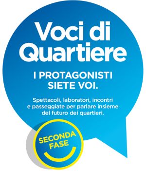 immagine rappresentante una nuvola da fumetto con la scritta " Voci di quartiere" I protagonisti siete voi: spettacoli, laboratori, incontri e passeggiate per parlare insieme del futuro dei quartieri